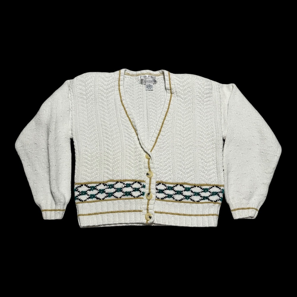 Vintage 90s Chrysantheme Cotton Blend White Cardigan‎ Sweater Women's M FLAW